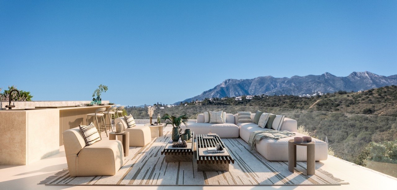 exklusivt bostadsprojekt i Elviria bestående av takvåningar med solarium och villor med privat trädgård
