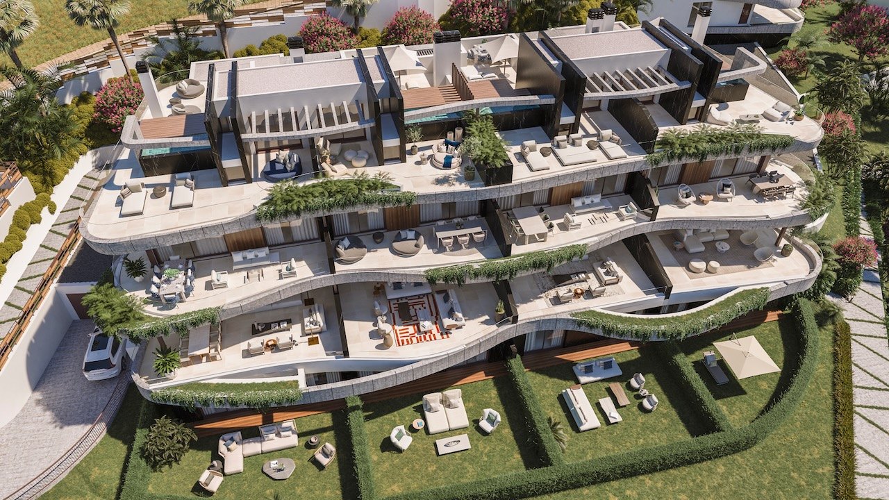 exklusivt bostadsprojekt i Elviria bestående av takvåningar med solarium och villor med privat trädgård